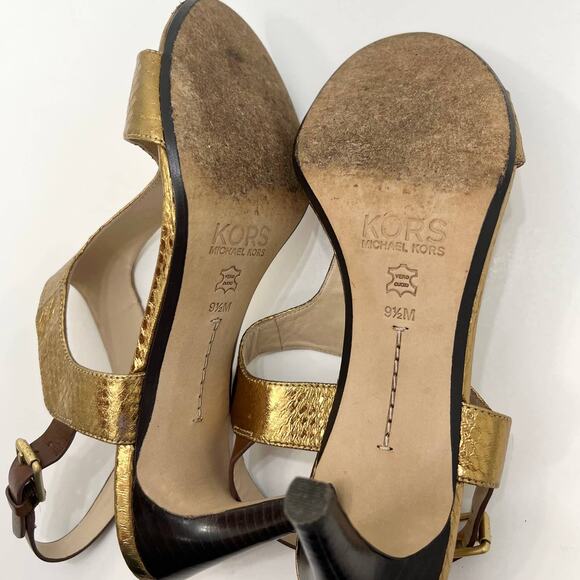 Michael Kors Gold Metallic T-Strap Heeled Sandals Shoes | Size: 9.5M - Picture 11 of 13